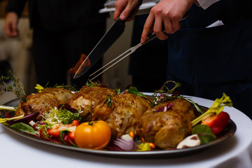 Burning jamon. Chef cooking pork ham. pig cooking