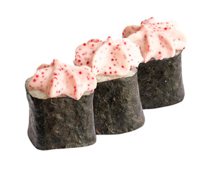 Japanese Sushi Rolls with Cream Cheese and Flying Fish Caviar Isolated