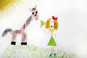 Child drawing girl feeding horse