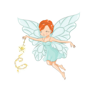 Cute little fairy flying. In her hand a magic wand that works wonders. 