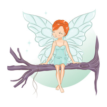 The cute little fairy sat down to rest on the tree branch.