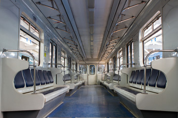 Obraz premium Car electric trains inside. An empty wagon.