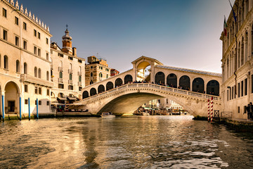 View of the Rialto Bridge in Venice  at sunset.