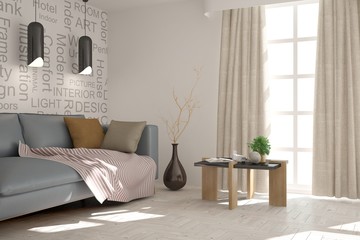 White modern room with sofa. Scandinavian interior design. 3D illustration