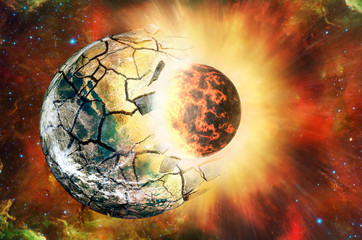 Collision of two planets in open space. Elements of this image furnished by NASA...