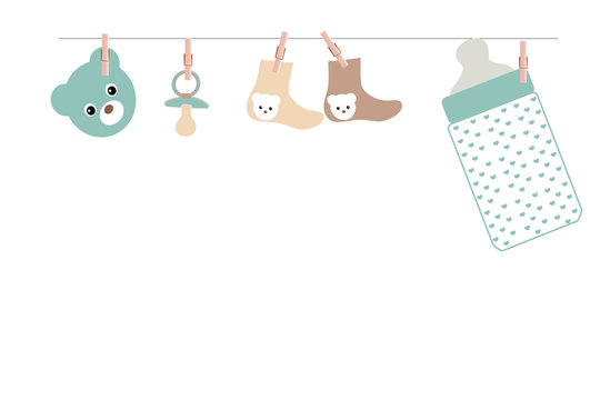 Baby boy baby shower greeting card with bottle, socks and teedy bear 