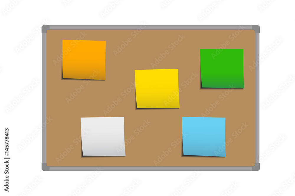 Poster realistic vector illustration of brown cork board with frame and stickers for memorization, notes an
