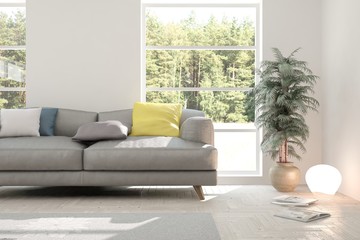 White room with sofa and green landscape in window. Scandinavian interior design. 3D illustration