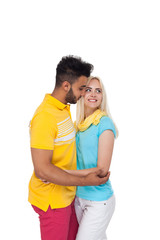 Naklejka premium Beautiful Young Happy Couple Love Smiling Embracing, Hispanic Man Woman Smile Isolated Over White Background
