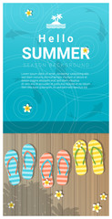 Obraz premium Hello summer background with sandals on wooden pier , vector , illustration