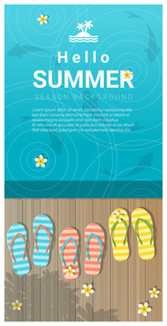Hello summer background with sandals on wooden pier , vector , illustration