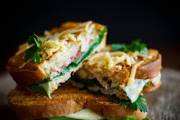 Fried hot sandwich with sausage and salad leaves