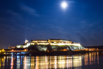 Night view on historical Petrovaradin fortress and Danube river, Novi Sad, Serbia