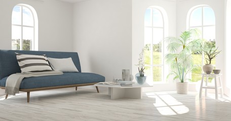 White room with sofa and green landscape in window. Scandinavian interior design. 3D illustration