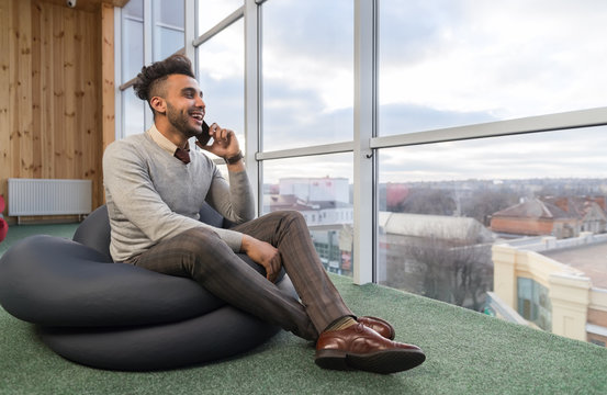 Business Man Speak Cell Smart Phone Call Sit In Front Panoramic Window Businessman Coworking Center Office Interior