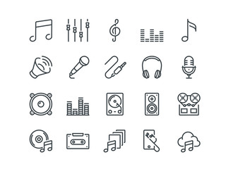 Music. Set of outline vector icons. Includes such as Headphone, Mixer, Cassette and other. Editable Stroke. 48x48 Pixel Perfect.