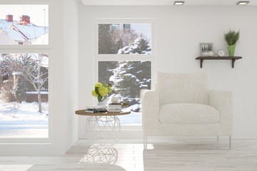 White modern room with armchair. Scandinavian interior design. 3D illustration