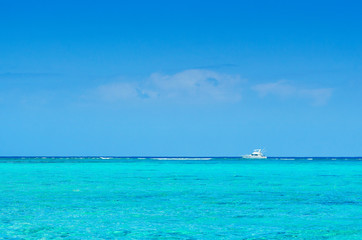 Fototapeta na wymiar Alone boat on Idyllic beach on the coast of Mauritius