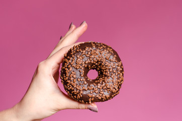 Hand Holding colorful donut with sprinkles on a wooden table and pink background. Two types of...