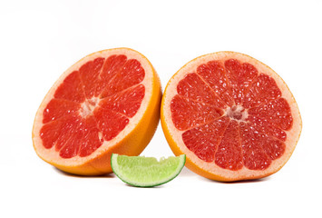Naklejka na ściany i meble Grapefruit Citrus Fruit With Half Grapefruit Isolated on White Background. And Lime With Clipping path