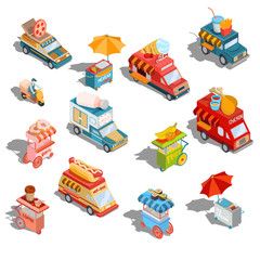 Set of vector isometric illustrations cars fast delivery of food and food trucks, street fast food carts