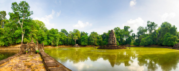 Neak Pean panoramic("The entwined serpents") is an artificial island with a Buddhist temple on a circular island in Preah Khan Baray, Angkor. Siem Reap. Cambodia.