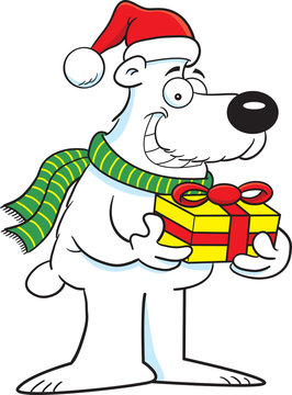 Cartoon illustration of a polar bear holding a gift.