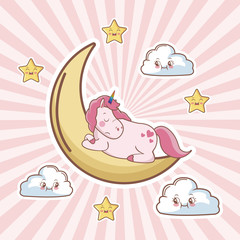 cartoon unicorn sleep moon cloud star vector illustration