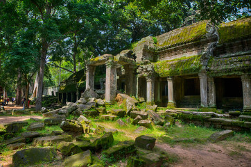 Fototapeta na wymiar Ta Prohm temple Hall of Dancers in Angkor, Siem Reap, Cambodia.
