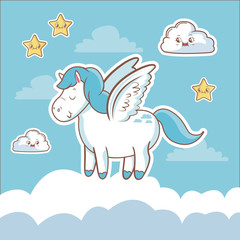 unicorn fantasy card dream cloud star kawaii vector illustration