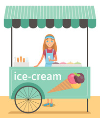 Flat vector illustration of ice cream seller.  Girl sells ice cream in frozen food market.  