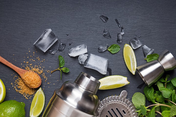 Accessories and ingredients for making mojito cocktail