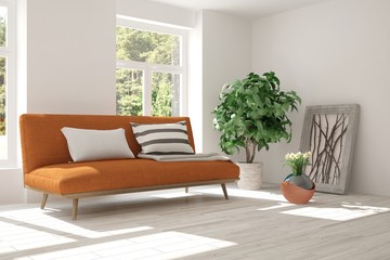 White room with sofa and green landscape in window. Scandinavian interior design. 3D illustration