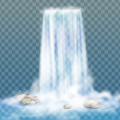 Realistic vector waterfall with clear water and bubbles. Natural element for design landscape images. Transparent Waterfall. Nature waterfall. Isolated on transparent background. Stream of water.