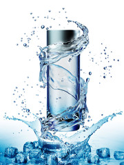Cream bottle mock up in water splash on blue background.