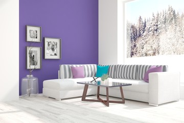 White room with sofa and winter landscape in window. Scandinavian interior design. 3D illustration