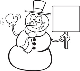 Black and white illustration of a snowman holding a sign.