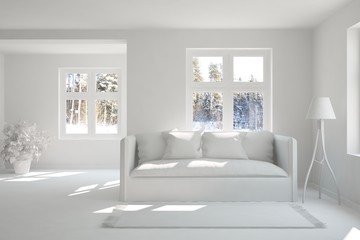 White room with sofa and winter landscape in window. Scandinavian interior design. 3D illustration