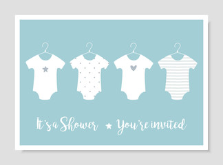 Baby Body Suits Clothes on Hangers. Pastel Baby Announcements and Shower Invitation Cards