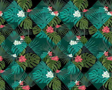 Exotic seamless pattern with tropical leaves. White and coral flowers. 