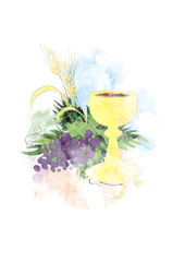 Eucharist - first Communion abstract artistic digital illustration with chalice and host, bread and wine, grapes and wheat ears. Made without reference image.