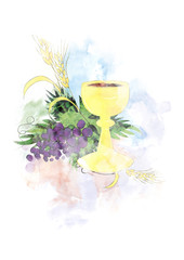 Eucharist - first Communion abstract artistic digital illustration with chalice and host, bread and wine, grapes and wheat ears. Made without reference image.