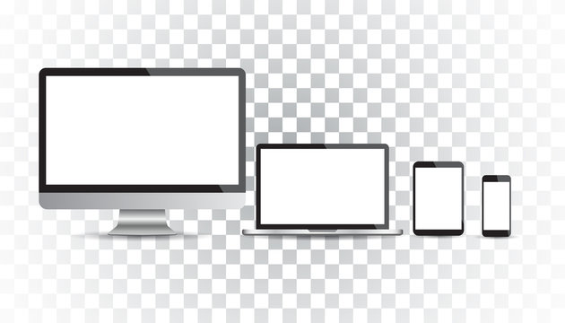 Realistic device flat Icons: smartphone, tablet, laptop and desktop computer. Vector illustration on isolated background