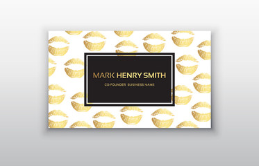 Set of Black and Gold Design Business card with lips. Abstract Modern Backgrounds.
