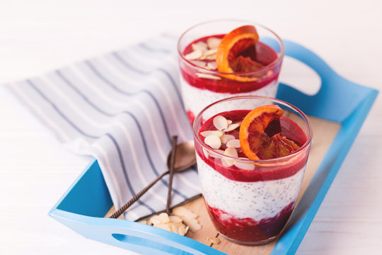Chia pudding with fresh bloody orange and jam