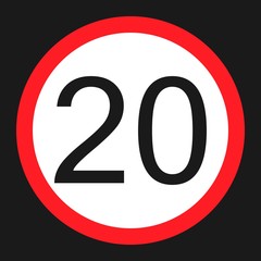 Maximum speed limit 20 flat icon, Traffic and road sign, vector graphics, a solid pattern on a black background, eps 10.