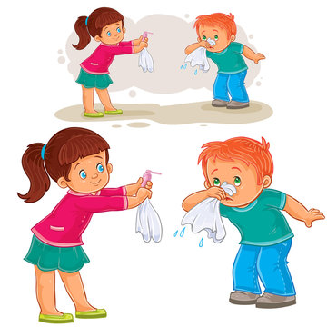 Vector illustration of a little girl giving a handkerchief to a boy sick with snot, allergy. Print