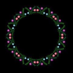 Embroidery stitches imitation frame with colorful flower and green leaf