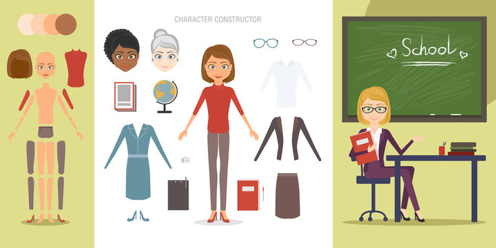 Teacher character constructor set. Cartoon vector flat style infographic illustration. A woman working as a pedagogue of different age and race, variations clothes and items needed in the profession.