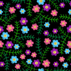 Seamless pattern with colorful flower and green leaf embroidery stitches imitation